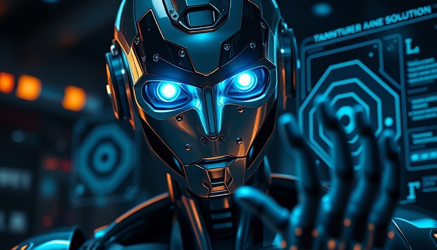 Futuristic AI robot using digital interface, dark tech environment.