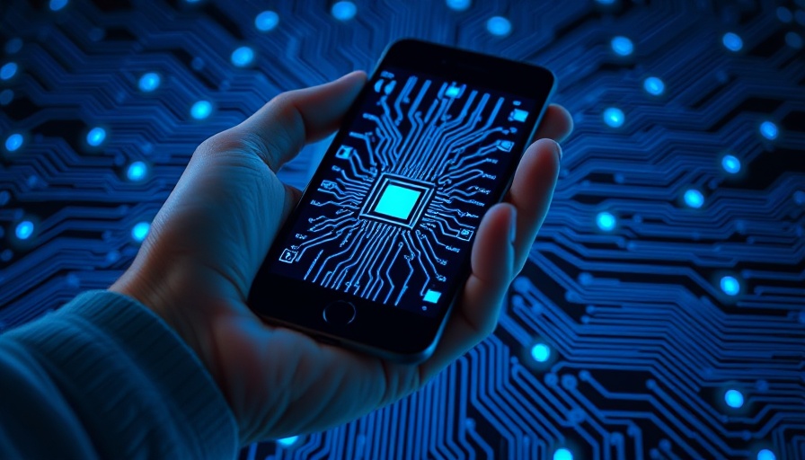 Hand holding smartphone with deep reasoning AI concept and circuit board background.