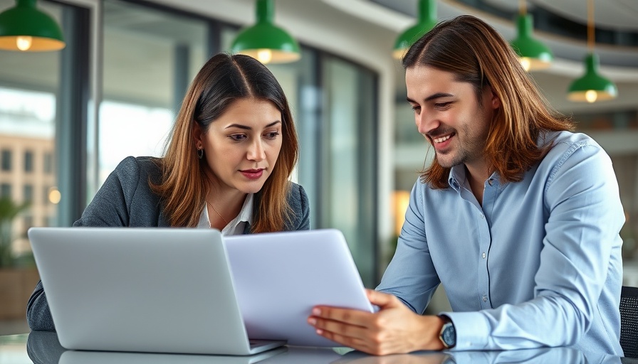Two professionals discussing deep reasoning AI on a laptop in an office.