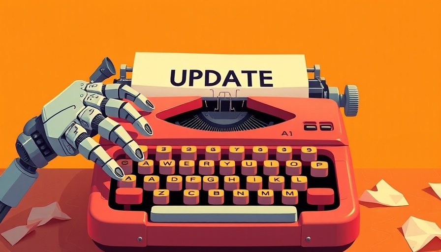 Robotic hands typing AI Update on typewriter in colorful cartoon style