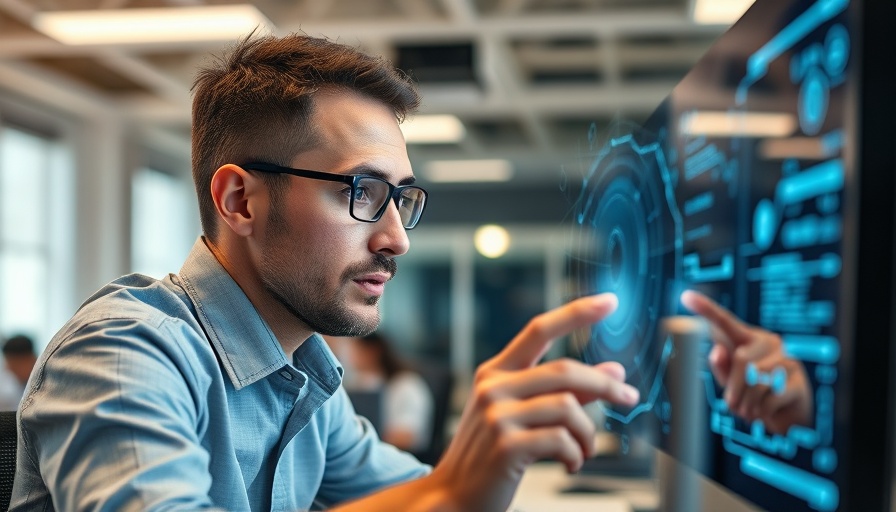 Focused person analyzing AI graphics on screen in office.