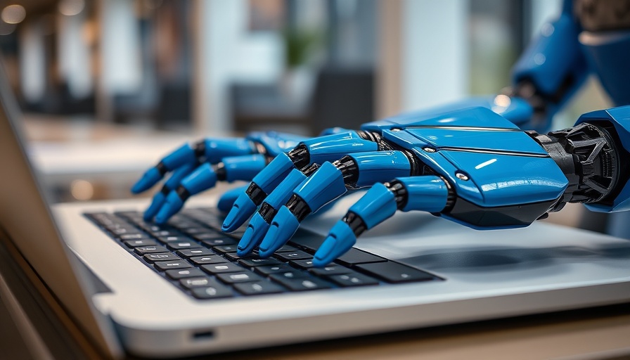 AI agents using laptop, futuristic robotic hands typing.