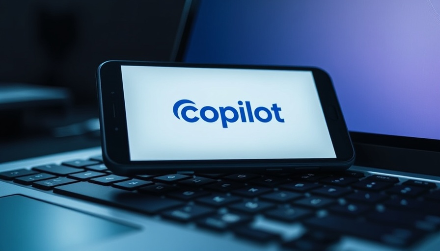 Modern smartphone with Copilot logo on laptop, microsoft ai.