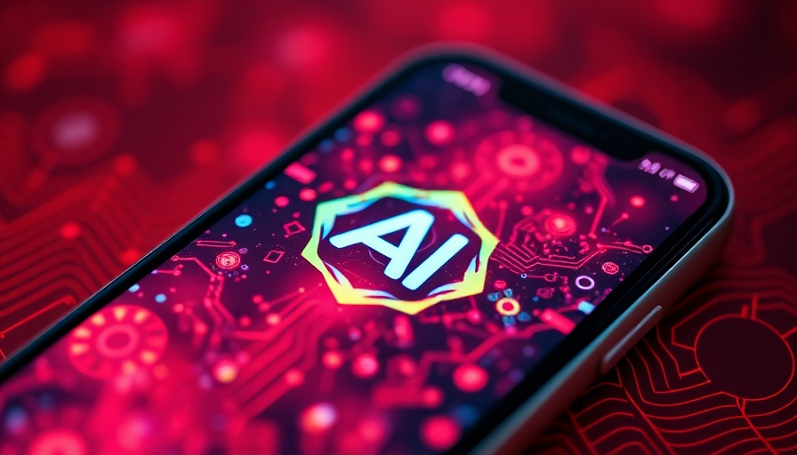 Vibrant AI tool logo on smartphone screen, glowing red background.