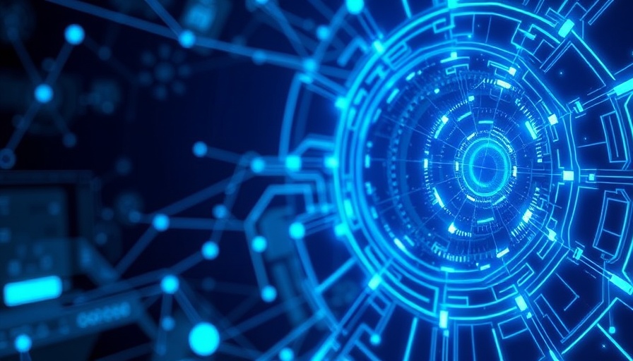 Digital AI concept with glowing blue patterns on a futuristic background.