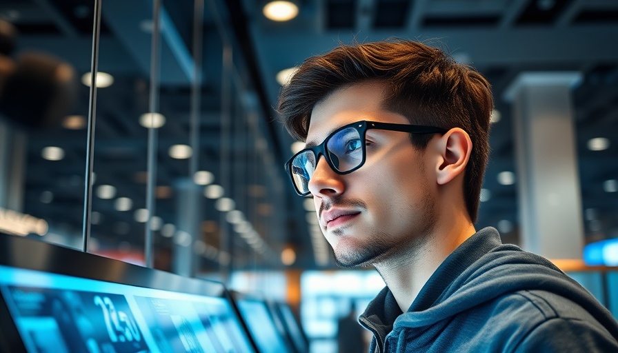 Young man in tech store exploring digital displays, amazon ai concept