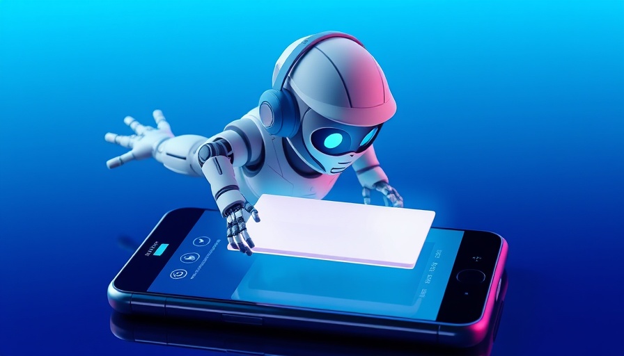 Futuristic AI interface with floating robot assistant engaging with query box.