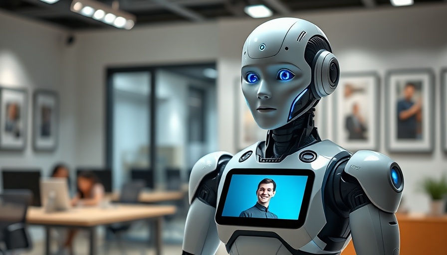 Grok 3 robot in tech office with digital screen, highlighting censorship controversy.