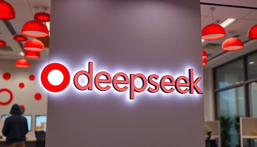 Illuminated deepseek logo in modern office with red decorations, ad-supported AI.