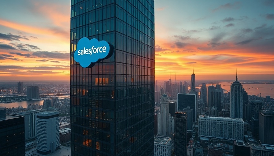 Salesforce tower at sunset, city skyline in background.