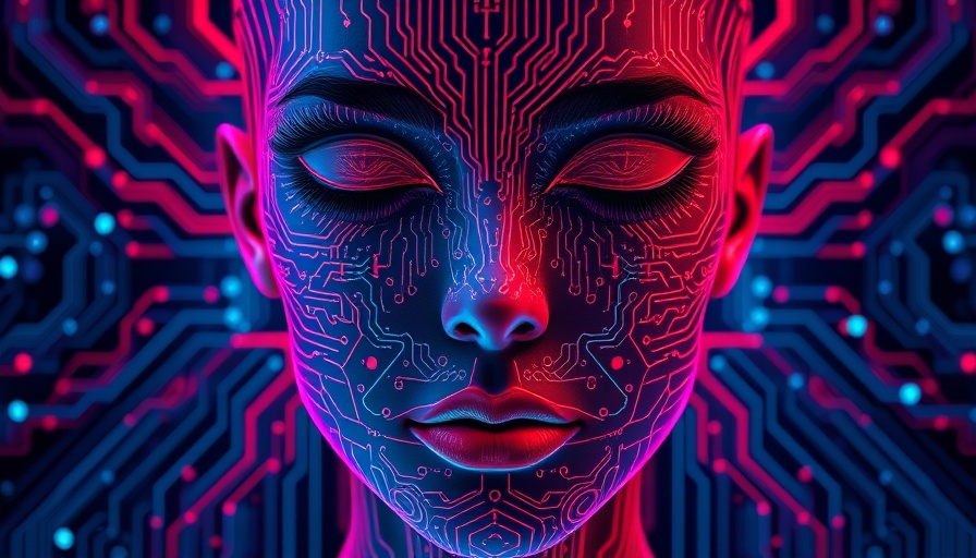 Abstract digital face in blue and red circuitry, agentic AI concept.