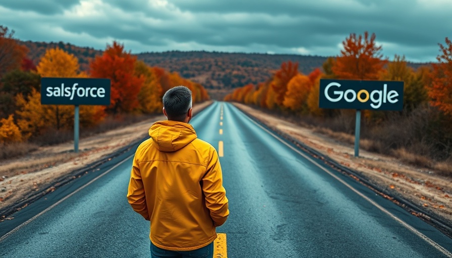 Agentic AI concept: person choosing paths marked by Salesforce and Google in a scenic landscape.