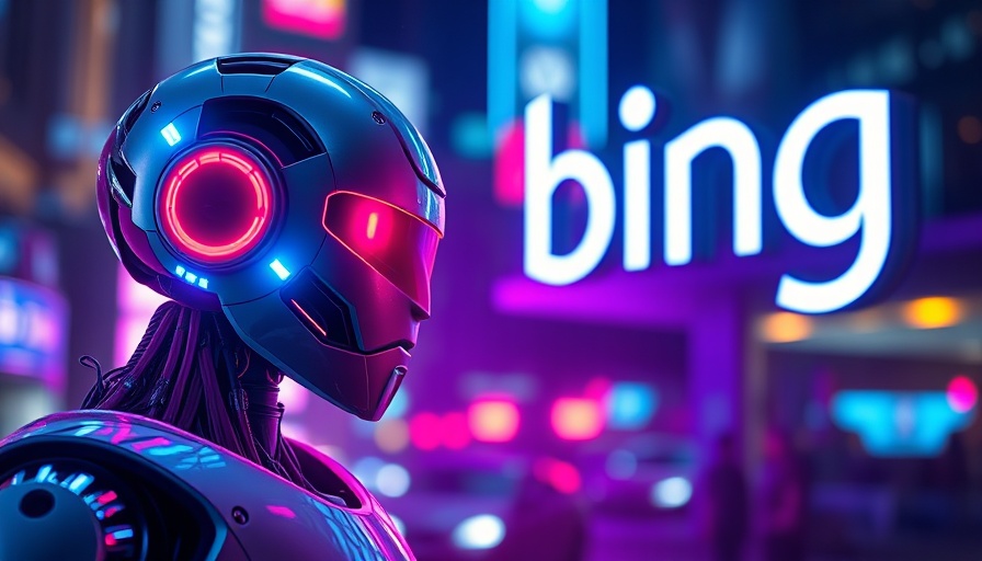 Futuristic robot next to Bing logo, digital cityscape vibe.