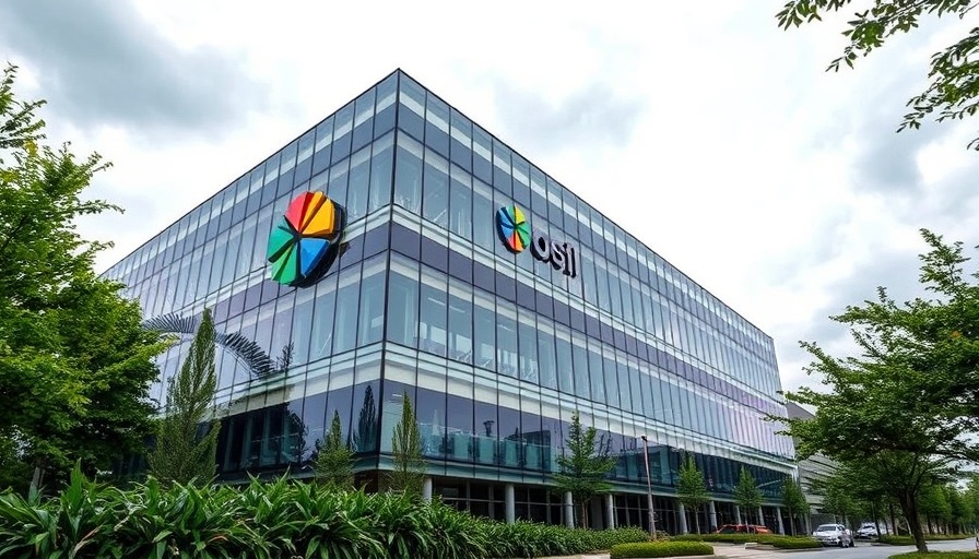 Corporate building with colorful logo embodying AI-driven information ecosystem.