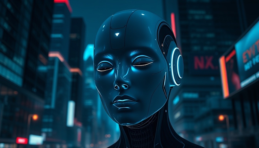 Futuristic digital head representing agentic AI in a neon cityscape.