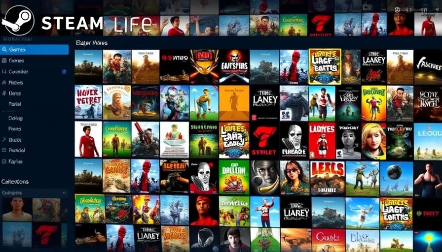 Steam library showcasing an array of game covers, vibrant digital display.