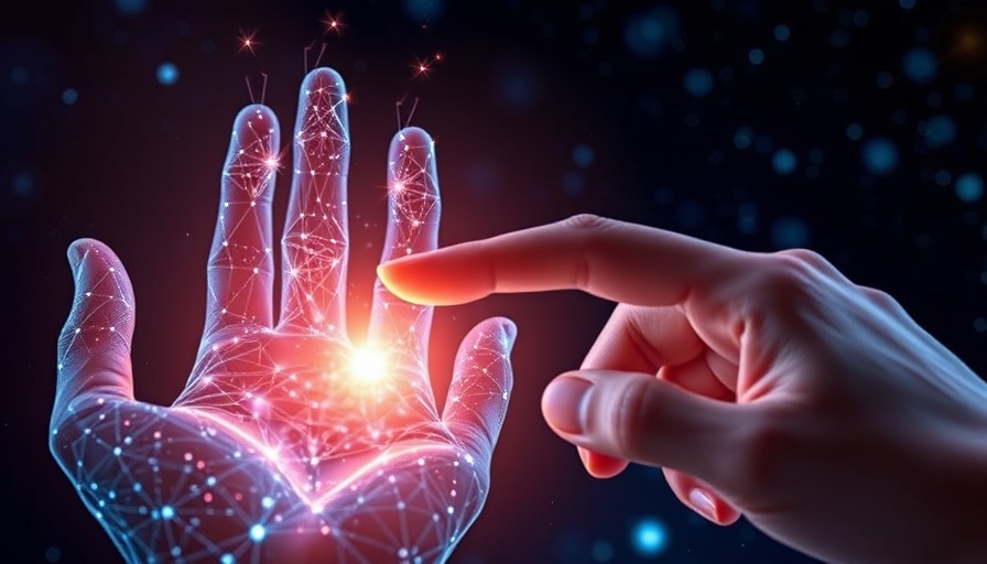 Digital hand touching human hand in dark cosmic background, trends in generative AI for Web3.