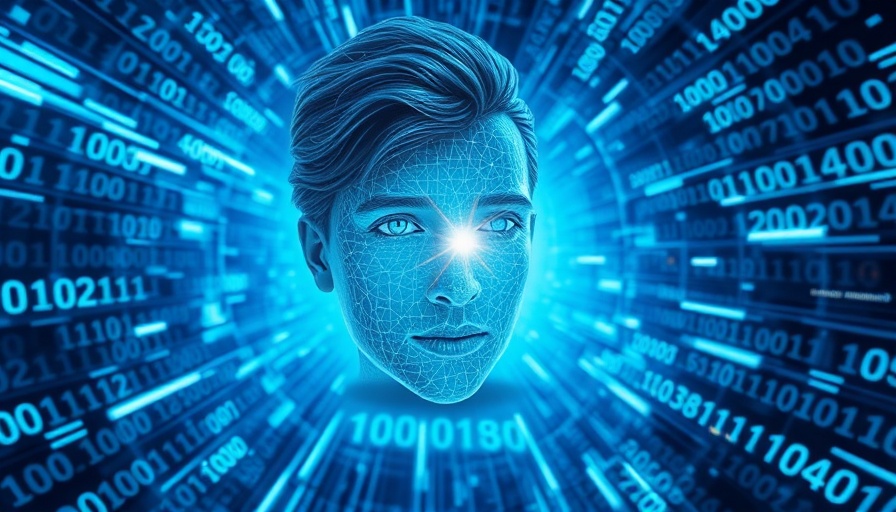 Digital human face with binary code in futuristic news art.