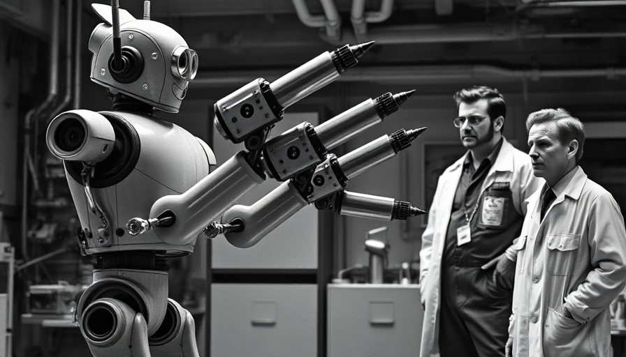 Vintage sci-fi scene with robot and scientists in lab.