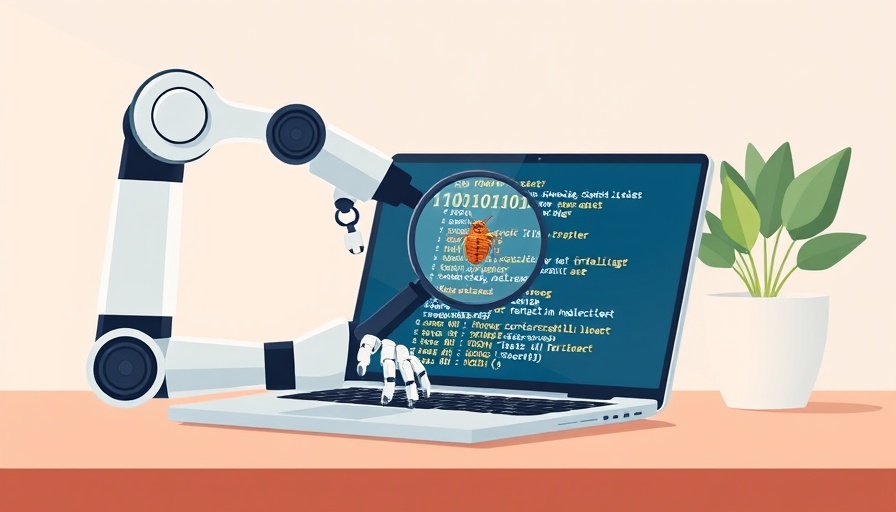 Agentic AI in Cybersecurity: Robotic arm analyzing code on a laptop screen.
