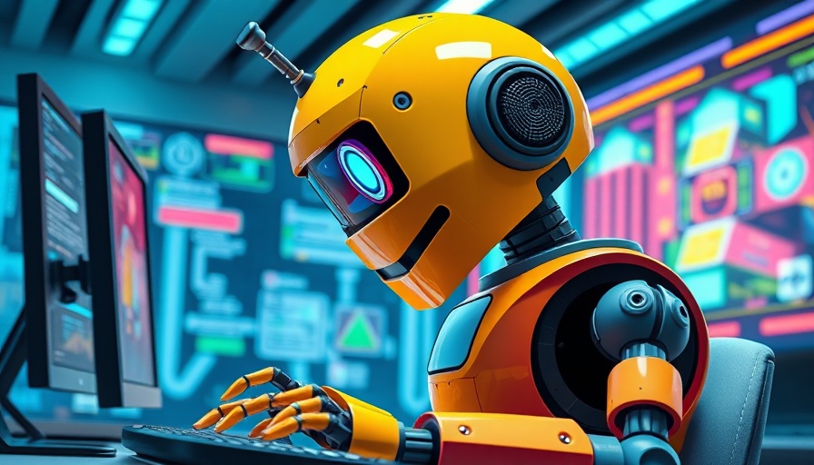Retro-futuristic robot typing impact on web traffic, colorful cartoon.