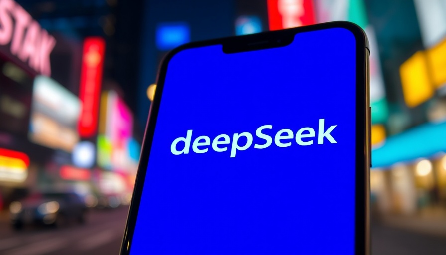 DeepSeek AI Innovations logo on smartphone with blurred cityscape.