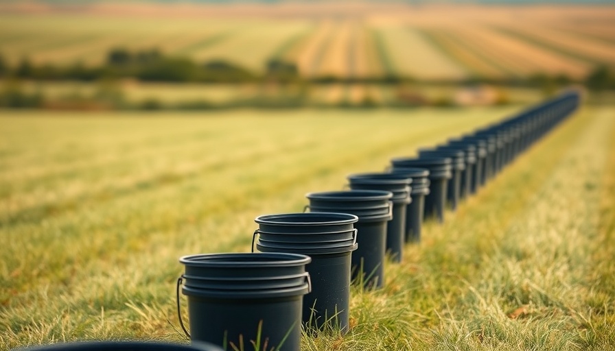 Aligned black buckets on grass field in bright daylight.