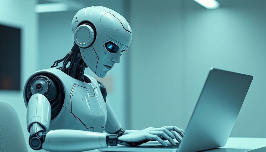 Agentic AI robot typing on a laptop in a futuristic setting.