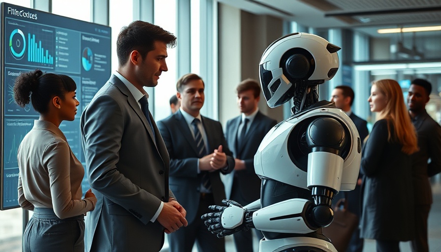 Futuristic meeting with diverse team and humanoid robot discussing data, agentic AI.