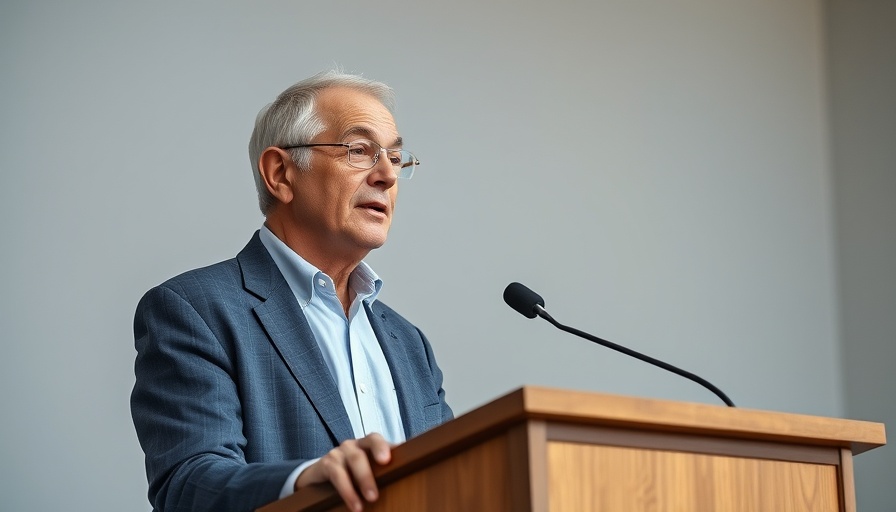 Professional speaker at a podium discussing Agentic AI, soft lighting.
