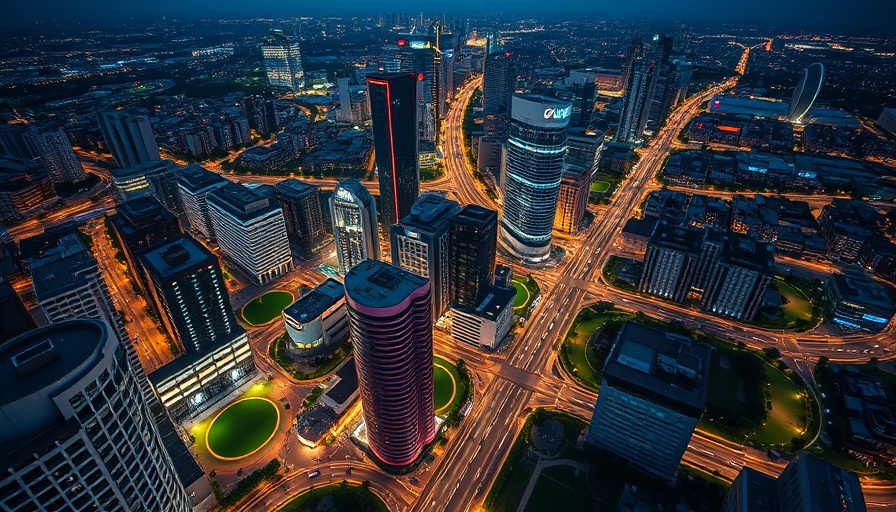 Night aerial view of futuristic buildings and cityscape