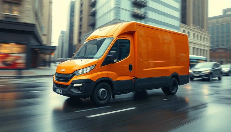 Orange truck speeding in city, highlighting motion and urban energy.
