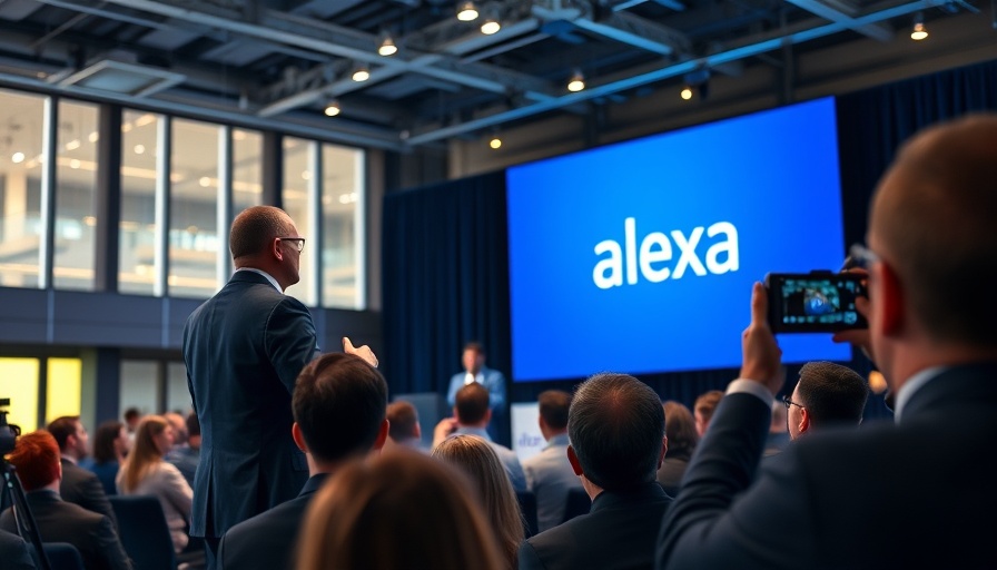 Professional speaker presents Alexa logo at tech conference with audience.