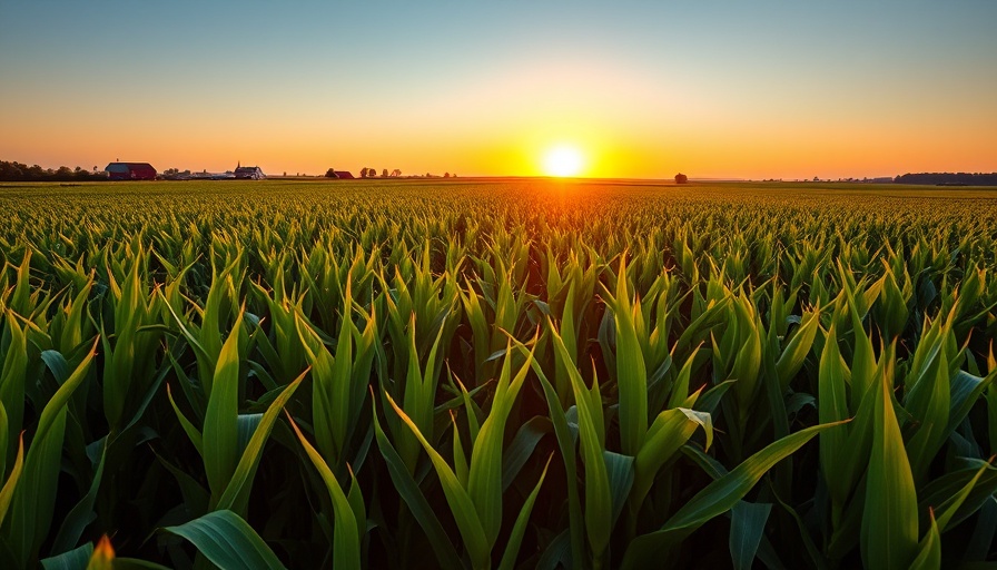 Cornfield at sunset with rows of corn under golden light, Microsoft AI.