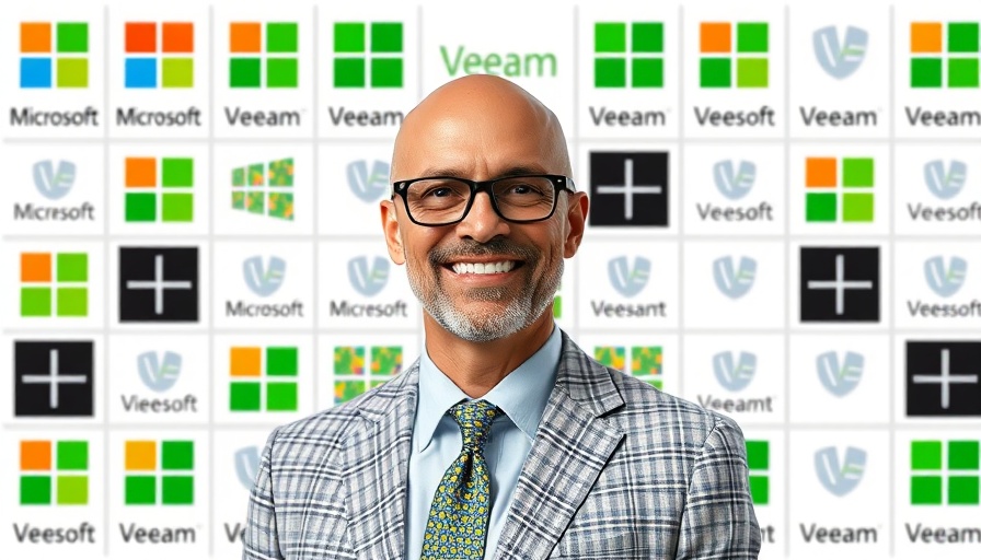 Smiling man in business attire with Microsoft AI and Veeam logos.