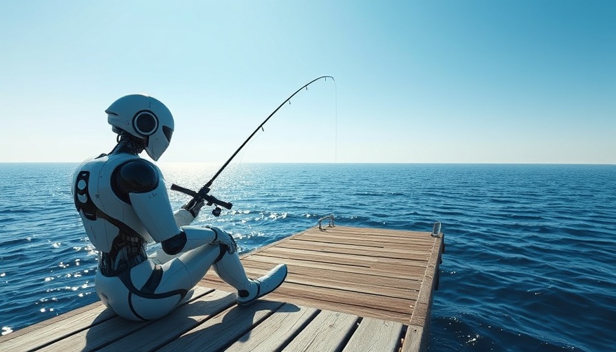 AI robot fishing on a pier symbolizes work-life balance.