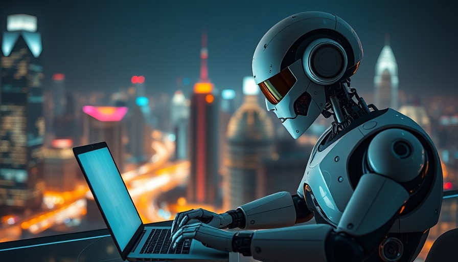 Futuristic robot interacts with technology against cityscape, Agentic AI.