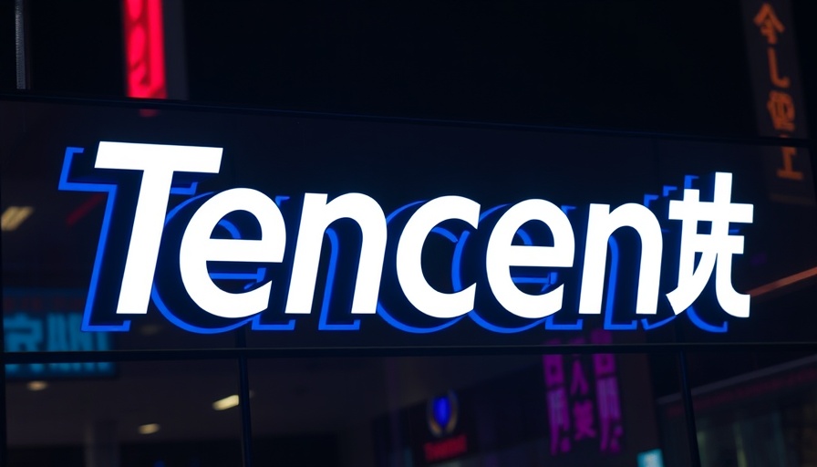 Illuminated Tencent logo with blue neon accents.