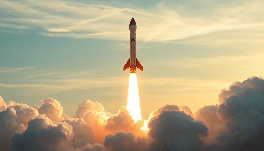 Rocket launch soaring through clouds under golden sunlight, trending ai news.