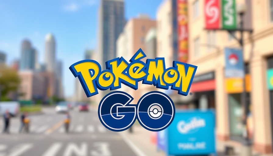 Vibrant Pokémon GO logo, blurred cityscape background related to games.