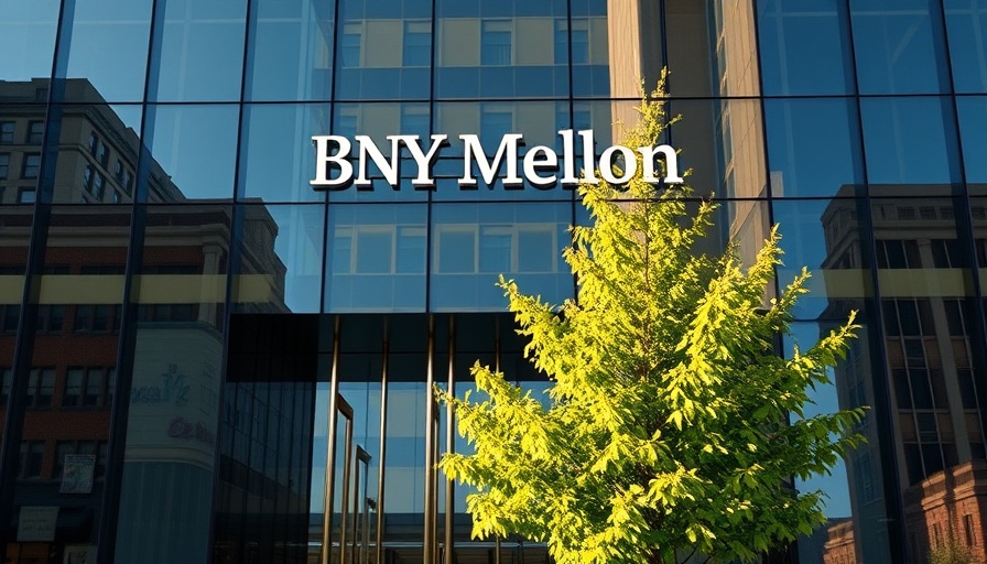 BNY Mellon building entrance reflecting urban scenery on a clear day.