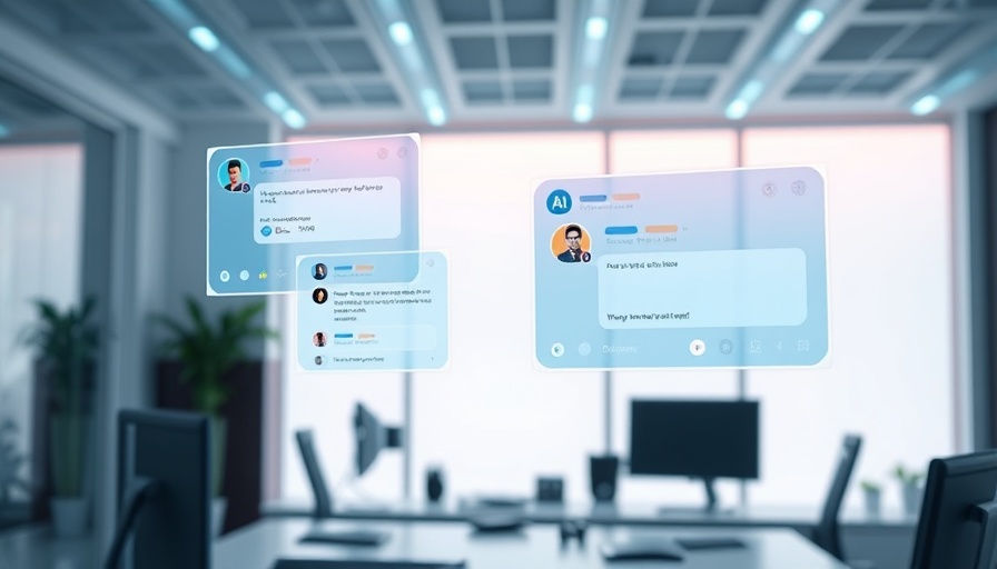 Futuristic interfaces of Microsoft AI with chat windows in a workspace.