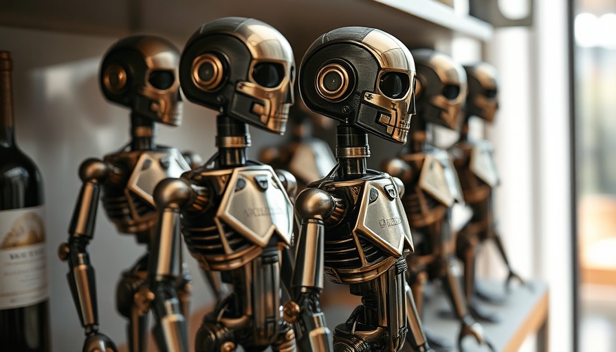 Metallic humanoid sculptures made from wine bottles, depicting robots.