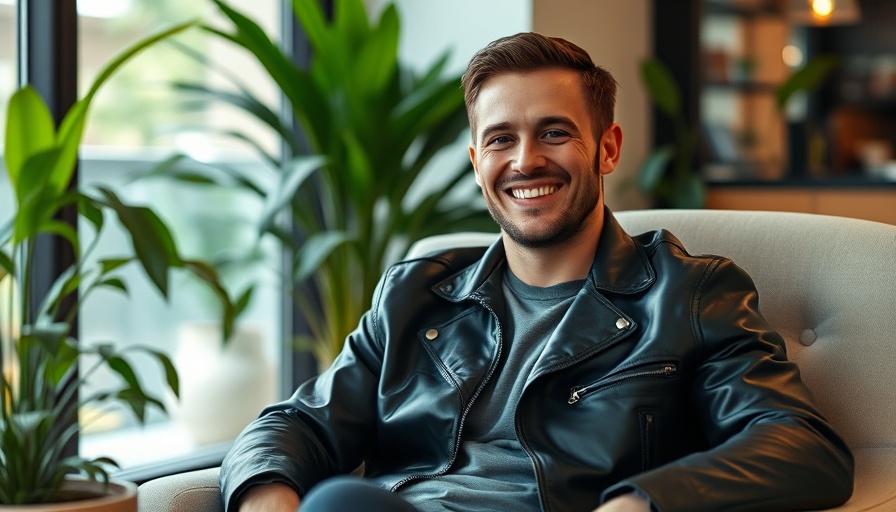 Smiling man in a leather jacket sitting in a lush setting, physical A.I.