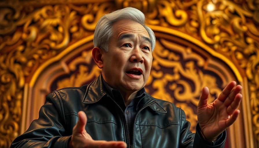 Elderly man speaking energetically with ornate background, Nvidia relevance in China.