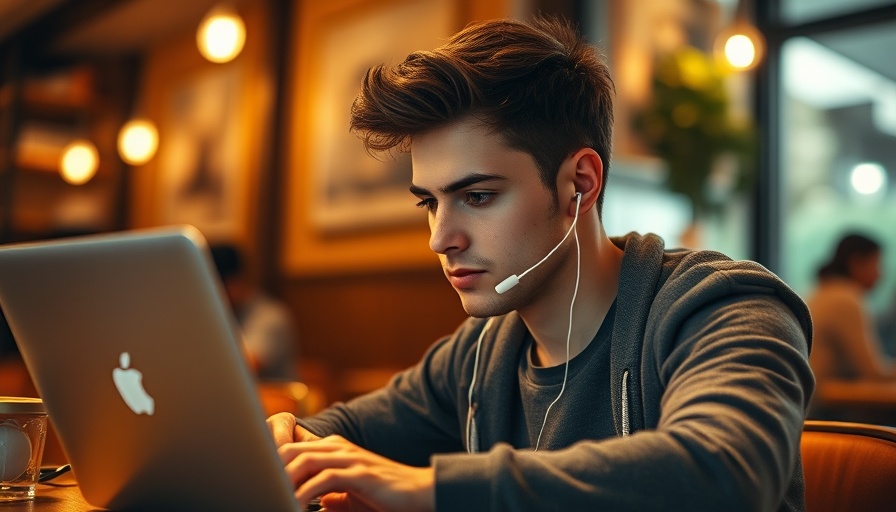 Young man working on laptop in a café, AI trends in 2025.
