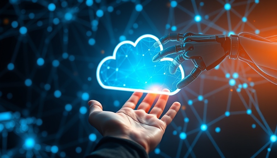 Agentic AI future of telecoms depicted by human and robot hands reaching for digital cloud.