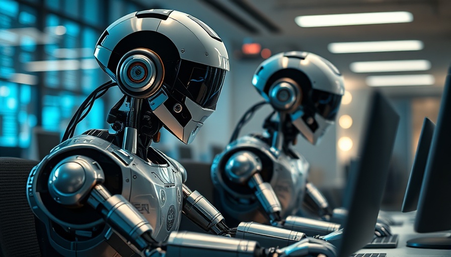 AI robots working on computers in a futuristic office