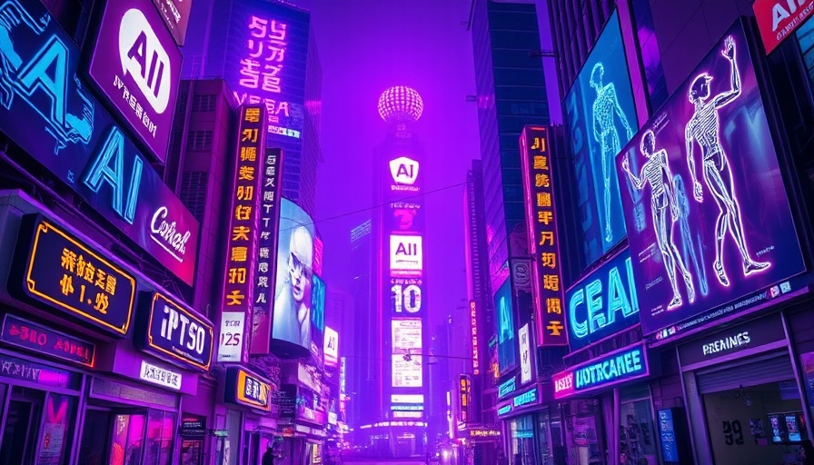 Futuristic cityscape showcasing AI agents in cryptocurrency with neon lights.