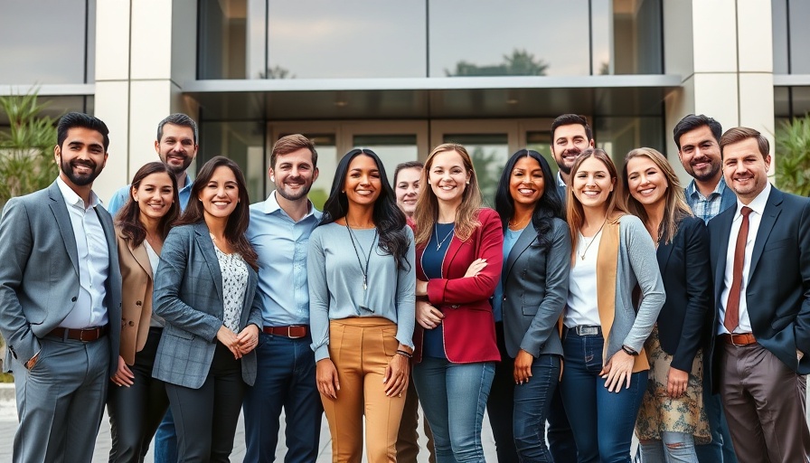 Diverse group of professionals in front of office, AI investment in startups theme.